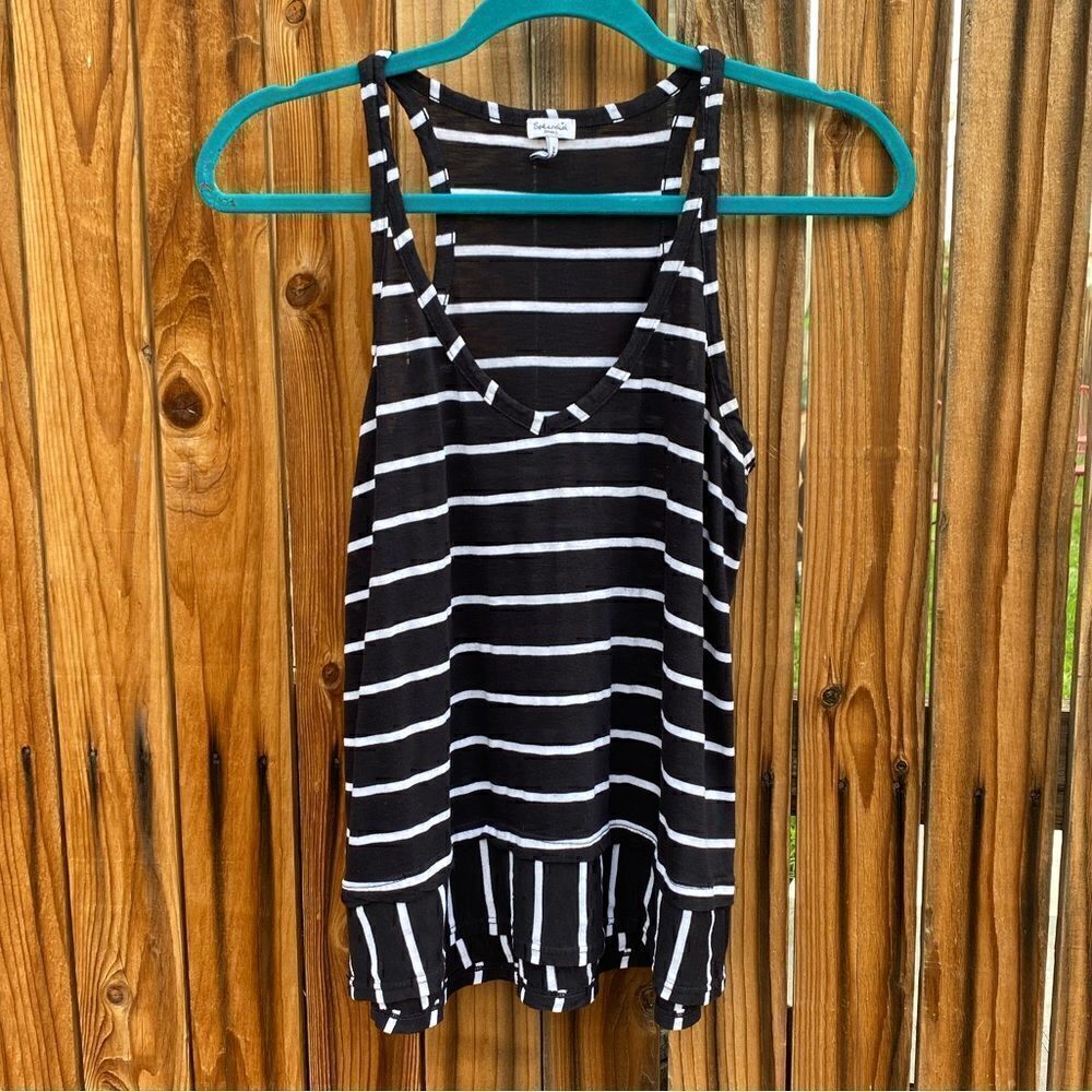 Splendid Striped Racerback V Neck Ruffle Trim Tank Top Black and White Small